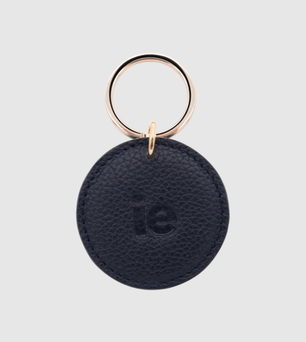 IE Leather Round Keychain. Navy color front