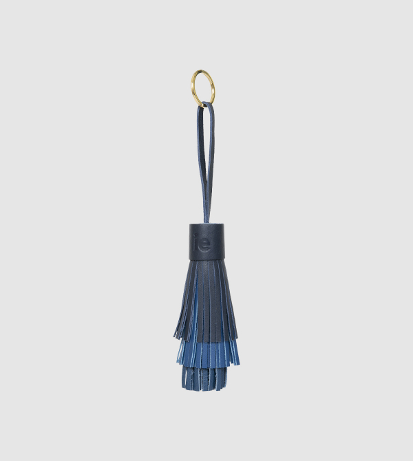 IE Leather Tassel Keychain. Navy color front