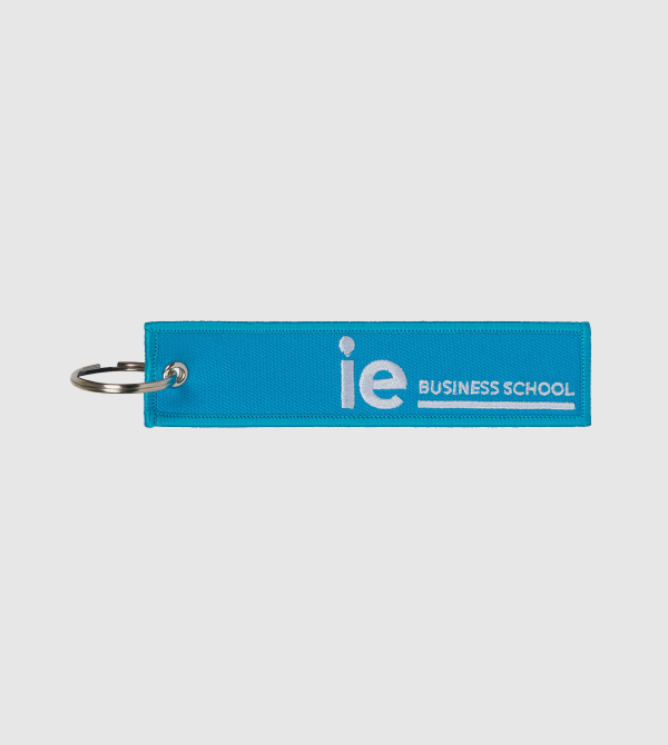 IE Business School Embroidery Keychain. Blue color front