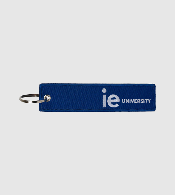 IE University Embroidery Keychain. Blue color front