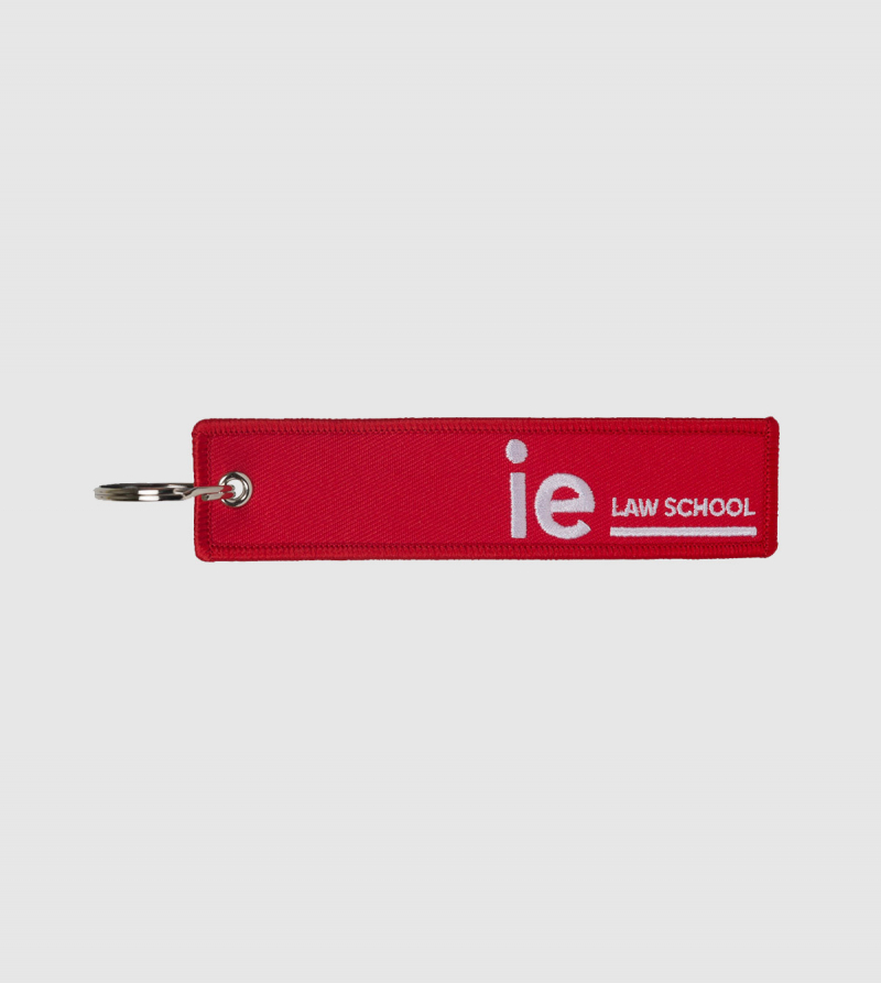 IE Law Embroidery Keychain. Red color front
