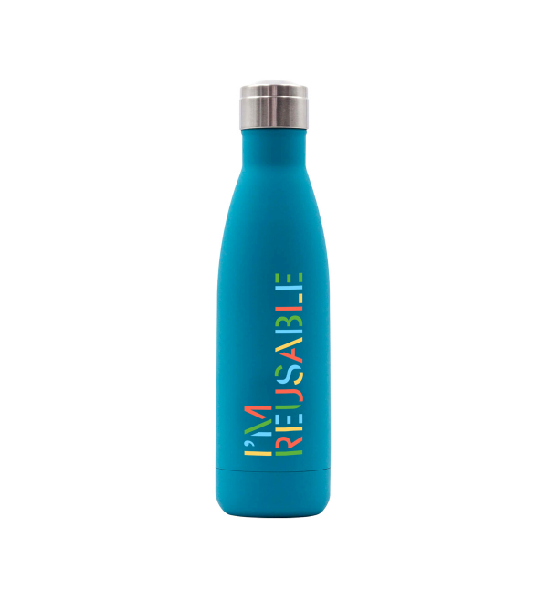 "I'm Reusable" Isothermal Bottle. vivid turquoise colour front