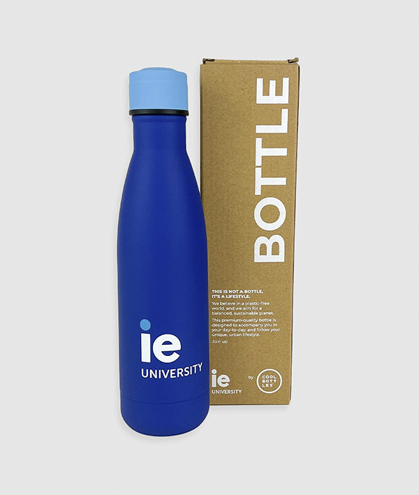 IE University Cool Bottle Blue Top. blue-turq colour front