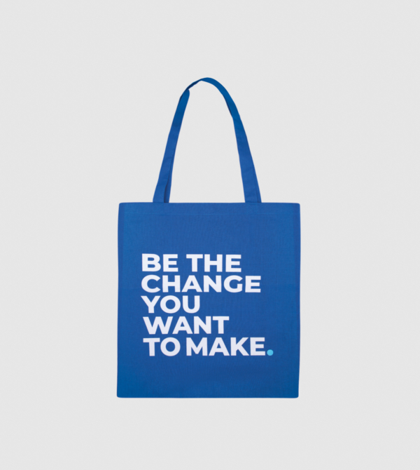 Tote bag "Be the change you want to make". blue colour back